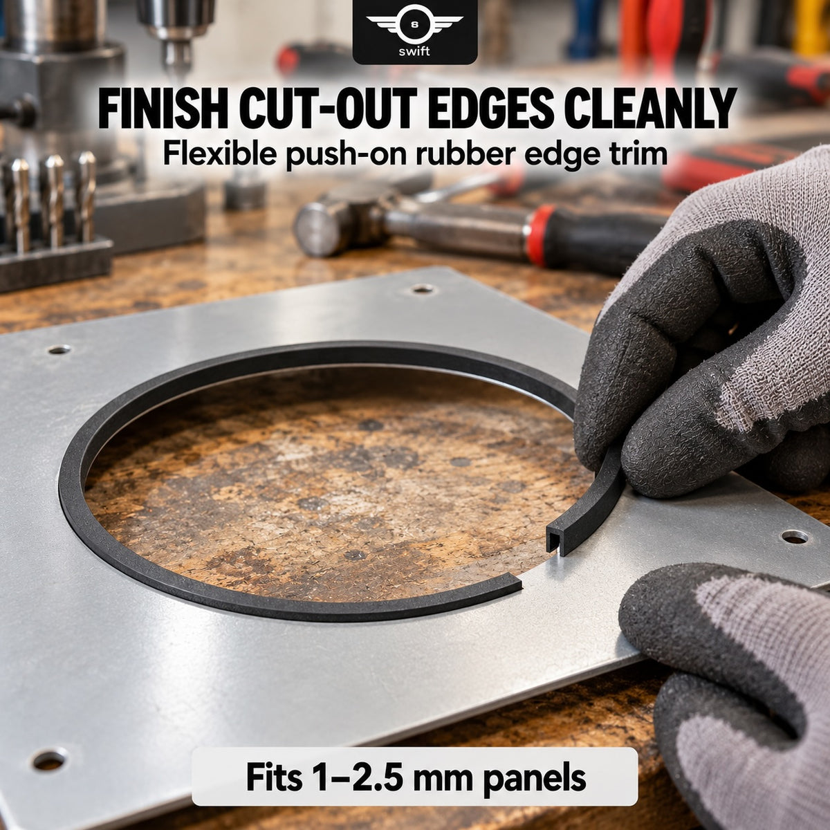 Black rubber U-channel edge trim fitted around a circular cut-out in a metal panel