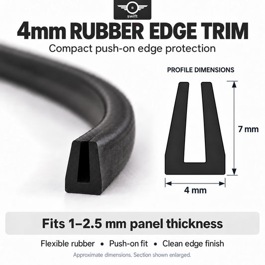 Swift Deals black rubber U-channel edge trim, 4mm wide by 7mm high, for panels 1–2.5mm thick