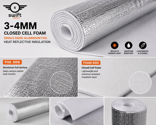 3–4mm Closed Cell Foam – Single Sided Aluminium Foil Heat Reflective Insulation (1m Wide)
