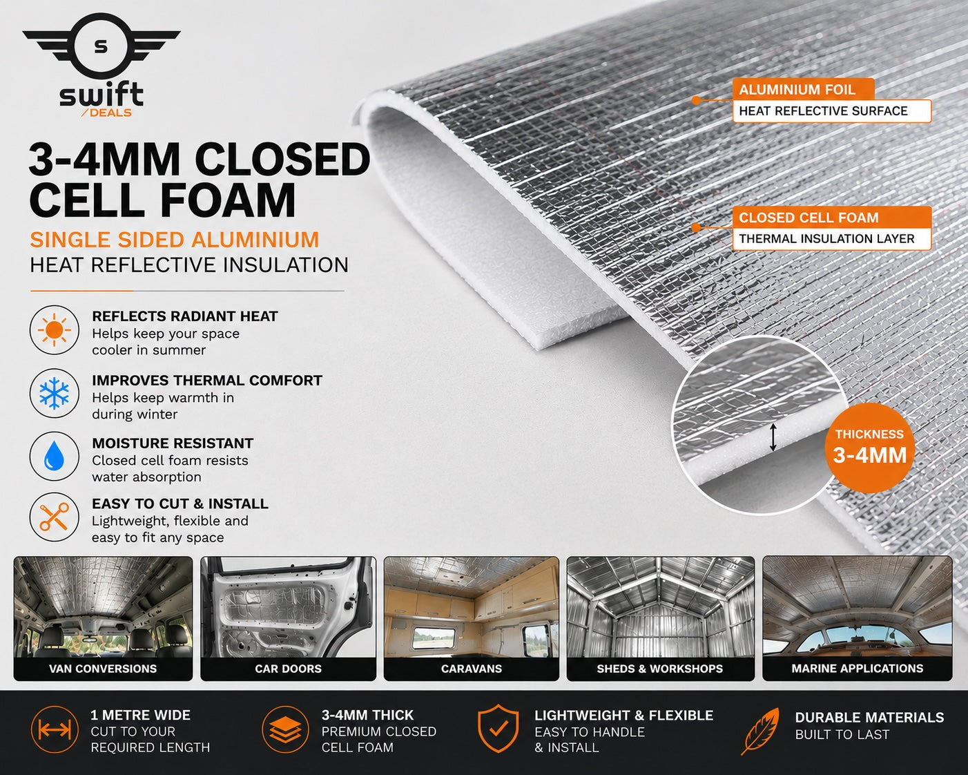 3–4mm Closed Cell Foam – Single Sided Aluminium Foil Heat Reflective Insulation (1m Wide)