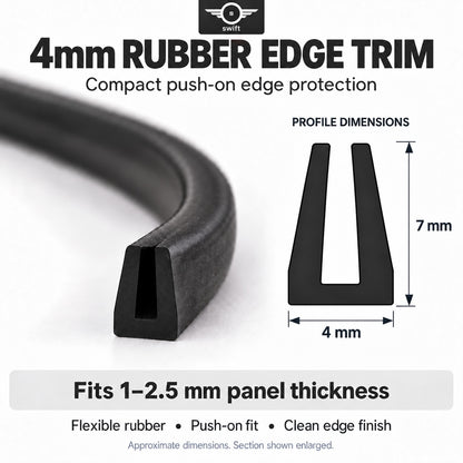 Swift Deals black rubber U-channel edge trim, 4mm wide by 7mm high, for panels 1–2.5mm thick