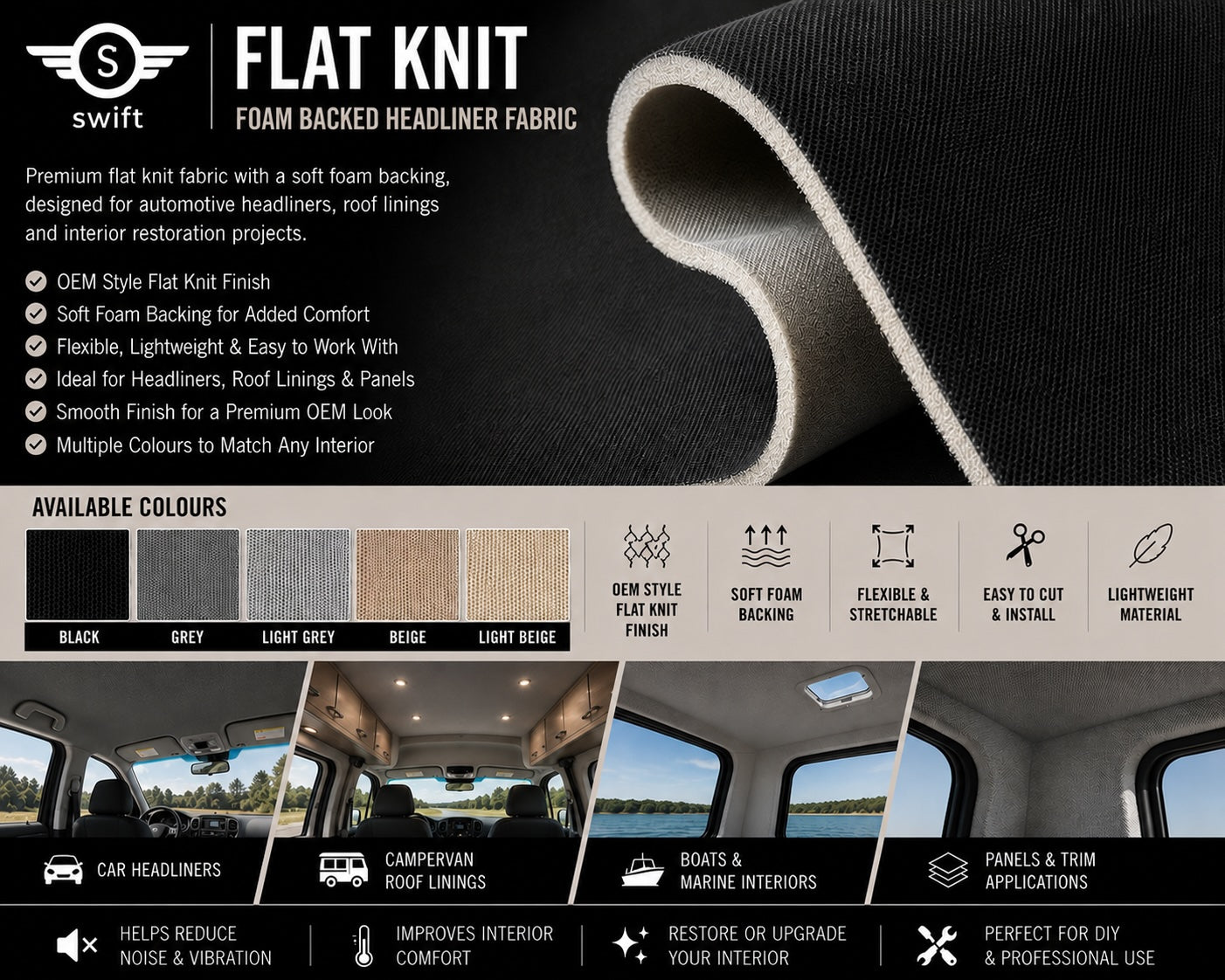 Premium Flat Knit Foam-Backed Automotive Headliner Fabric