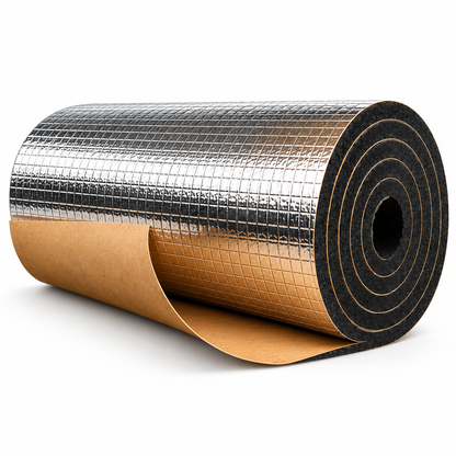 10mm foil-backed black foam rubber sound deadener roll with brown release liner on a white background