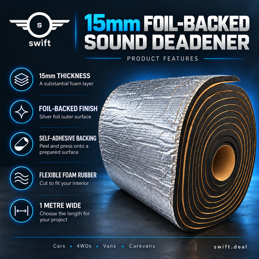 Swift 15mm foil-backed foam rubber sound deadener with self-adhesive backing, product features
